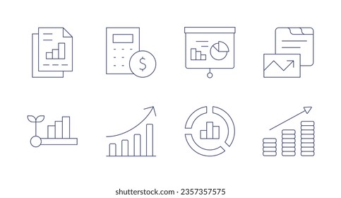 Statistics icons. Editable stroke. Containing business report, calculator, chart, development, diagram, donut chart, earnings.