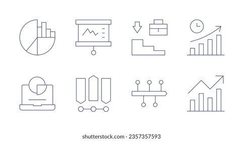 Statistics icons. Editable stroke. Containing pie chart, stats, suitcase, time to market, timeline, trend.