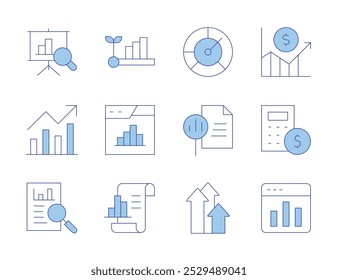 Statistics icons. Line Duotone style, editable stroke. trend, graphic, report, statistics, analytics, growth, grow, bar chart, calculator, development.