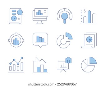 Statistics icons. Line Duotone style, editable stroke. analysis, analytics, bar chart, pie chart, presentation, research, chart, file, data management.