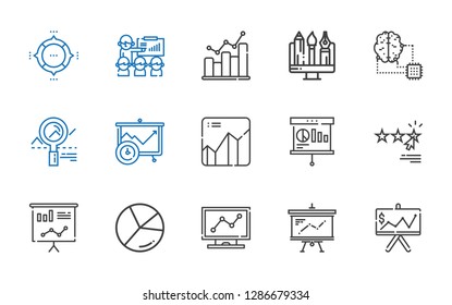 statistics icons set. Collection of statistics with presentation, analytics, chart, rating, graph, artificial intelligence, graphic, bar graph. Editable and scalable statistics icons.