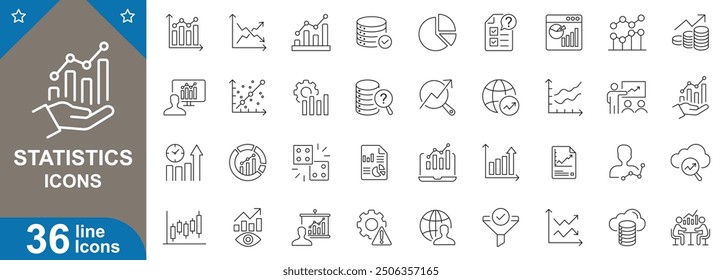 Statistics icons set. Data analysis, charts, graphs, line chart, trend, percentage, infographics, statistical report and more. vector illustration.