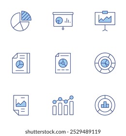 Statistics icons set. Line Duotone style, editable stroke. presentation, statistics, report, pie graphic.