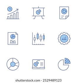 Conjunto de iconos de estadísticas. Estilo Duotone de la línea, movimiento editable. estadísticas, tiempo al mercado, gráfico circular, presentación, programa.