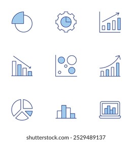 Statistics icons set. Line Duotone style, editable stroke. gear, laptop, diagram, graph, graphic, heat, loss, pie chart.