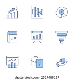 Statistics icons set. Line Duotone style, editable stroke. funnel, growth, pie chart, analytics, bar chart, book, briefcase.