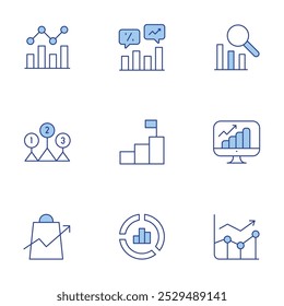 Ícones de estatísticas definidos. Estilo Duotônico de linha, traço editável. flutuação, estatísticas, gráfico de rosca, meta, gráfico, crescimento, níveis, gráfico de linha, gráfico de linha.