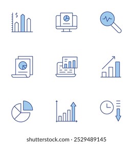 Ícones de estatísticas definidos. Estilo Duotônico de Linha, traço editável. analítica, gráfico de barras, gerenciamento de dados, crescimento, análise, analisar, benefícios, dados, diminuir.