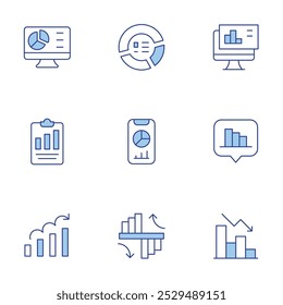 Statistiksymbole festgelegt. Linienduotonstil, bearbeitbarer Strich. Analyse, Analyse, Balkendiagramm, Zwischenablage, Vergleich, Kreisdiagramm.
