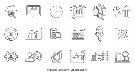 statistics icons set. stats, data collection, web statistics, filtering, prediction and more. simple line vector