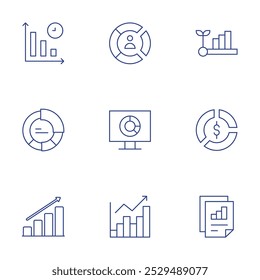 Conjunto de iconos de estadísticas. Estilo de línea delgada, trazo editable. gráfico circular, estadísticas, desarrollo, disminución, demográfico.