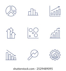 Statistics icons set. Thin Line style, editable stroke. graph, graphic, growth, heat, improvement, loss, magnifying glass, management.