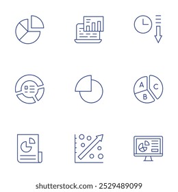 Conjunto de iconos de estadísticas. Estilo de línea delgada, trazo editable. gestión de datos, gráfico circular, estadísticas, datos, disminución.