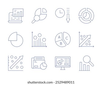 Ícones de estatísticas. Estilo de Linha Fina, traço editável. gráfico circular, relação, relatório, estatísticas, diminuição, demográfico.