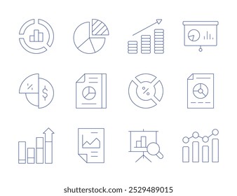 Statistiksymbole. Stil der dünnen Linie, bearbeitbarer Strich. Tortendiagramm, Tortengrafik, Präsentation, Bericht, Statistik, Donut-Diagramm, Einnahmen.