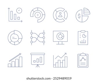 Ícones de estatísticas. Estilo de Linha Fina, traço editável. gráfico circular, relação, relatório, estatísticas, diminuição, demográfico.