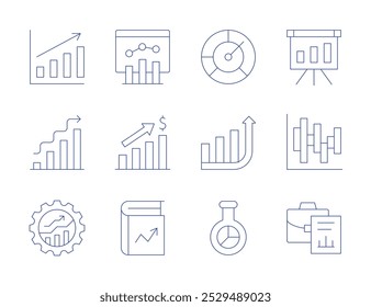 Statistics icons. Thin Line style, editable stroke. graphic, improvement, increase, management, market research, analytics, bar chart, book, briefcase.