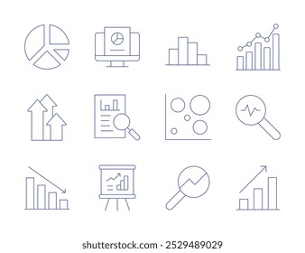 Statistics icons. Thin Line style, editable stroke. graph, graphic, growth, heat, loss, magnifying glass, analysis, analytics, analyze, bar chart, benefits.