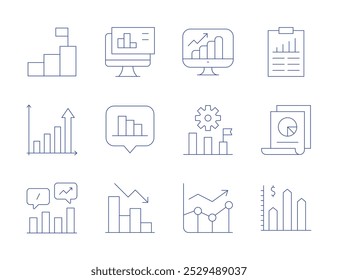 Statistics icons. Thin Line style, editable stroke. analysis, analytics, bar chart, goal, graph, growth, line chart, line graph.