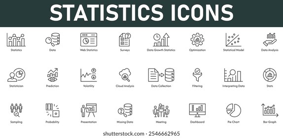Statistics Icons vector illustration with thin line editable stroke containing data surveys growth optimization model data analysis probability prediction volatility cloud analysis sampling