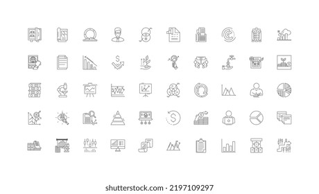 Ideas estadísticas, iconos lineales, conjunto de señales de línea, colección de vectores