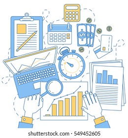 Statistics illustration, line design. Man's hand with magnifying glass and graphs 