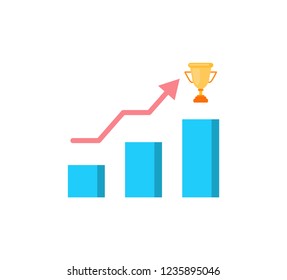 Statistics  and infographics, visualization and gold prize vector. Graphic and diagram, scheme with rising arrowhead. Trophy reward successful project
