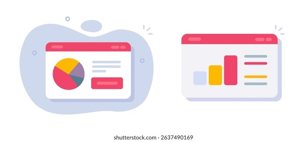 Statistics kpi data research graphs icon vector graphic illustration set modern flat cartoon, online digital web performance screen report window, financial sales analysis review image clip art