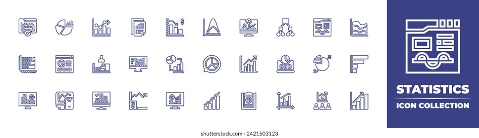 Sammlung von Symbolen für die Statistikzeile. Bearbeitbarer Strich. Vektorgrafik. Enthält Graphen, Diagramm, Erhebung, Kuchen-Diagramm, Bardiagramm, Statistiken, Forschung, Infografik, Analytik, Monitoring, Börsenmakler.