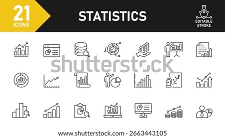Statistics line icon set. Set of 21 outline icons related to data, statistics, analysis, graph, pie chart, growth, presentation, strategy and others. Editable stroke. Vector illustration.