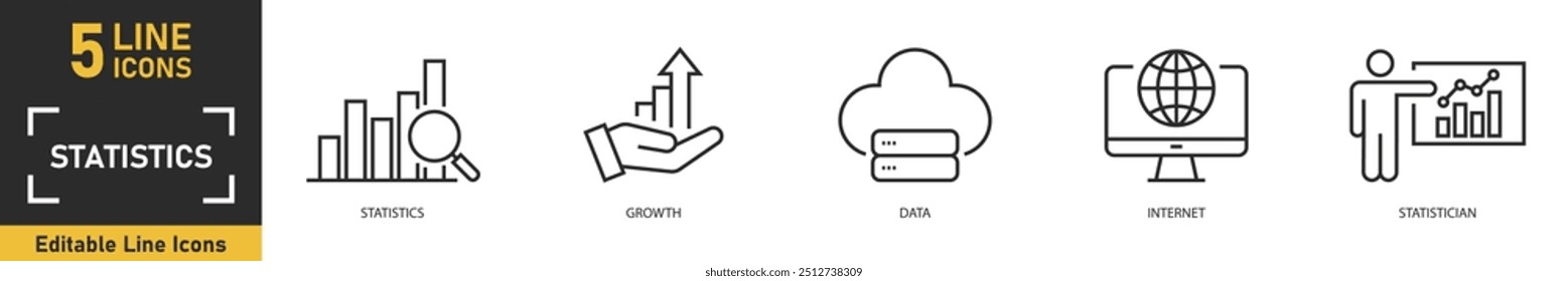Statistics line icon set. Set of 5 outline icons related to statistics, growth, data, internet, statistician and more. Vector illustration.