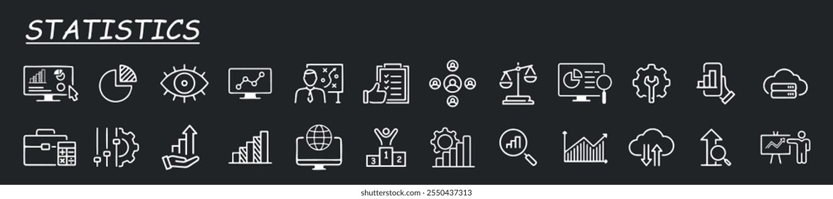 Conjunto de ícones de linha Estatísticas. Contendo dados, estatísticas da Web, pesquisa, previsão, apresentação, análise em nuvem e ícones de gráfico de pizza. Fundo cinza.