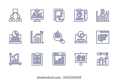 Statistics line icon set. Editable stroke. Vector illustration. Containing statistics, research, clipboard, videocall, presentation, pie chart, graph.