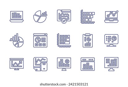 Statistics line icon set. Editable stroke. Vector illustration. Containing bar chart, graph, report, survey, statistics, pie chart, presentation, computer, analytics.