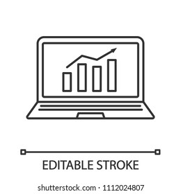 Statistics linear icon. Thin line illustration. Laptop display with market growth chart. Analysis. Statistics diagram. Contour symbol. Vector isolated outline drawing. Editable stroke