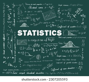 Statistics math law theory and mathematical formula equation doodle chalk handwriting icon with graph chart and diagram in the background, create by vector