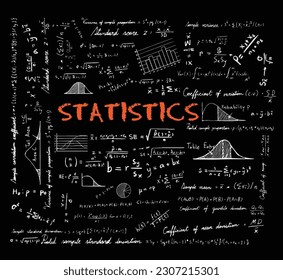 Statistics math law theory and mathematical formula equation doodle chalk handwriting icon with graph chart and diagram in blackboard background, create by vector