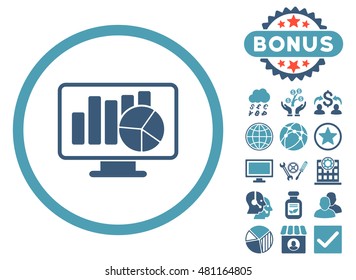 Statistics Monitoring icon with bonus. Vector illustration style is flat iconic bicolor symbols, cyan and blue colors, white background.