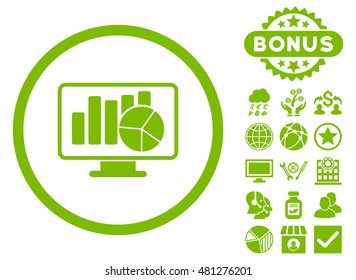 Statistics Monitoring icon with bonus. Vector illustration style is flat iconic symbols, eco green color, white background.