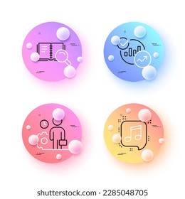 Statistics, Musical note and Employee minimal line icons. 3d spheres or balls buttons. Search book icons. For web, application, printing. Report charts, Speech bubble, Working process. Vector