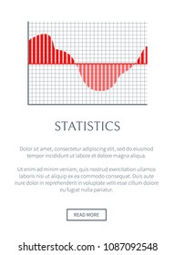 Statistics page and text sample, site with button, headline and red chart, rising and falling diagram, stat isolated on vector illustration