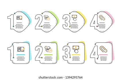 Statistics, Payment click and Feedback icons simple set. Paper clip sign. Report charts, Financial transfer, Book with pencil. Attach paperclip. Education set. Infographic timeline. Vector