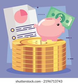 statistics pie report with coins