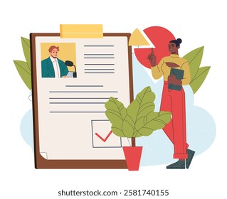 Statistics of politicians. Woman near clipboard and diagram. Political scientist studies political candidates. President and diplomacy. Knowledge and information. Flat vector illustration