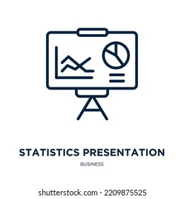icono de presentación de estadísticas de la colección de negocios. Presentación de estadísticas lineales delgadas, presentación, icono de contorno gráfico aislado en fondo blanco. Signo de presentación de estadísticas de vector de línea, 