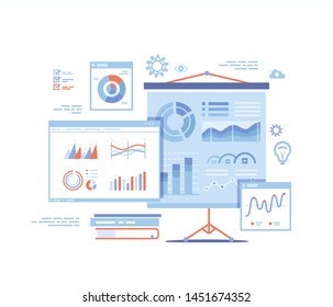 Statistics Presentation. Monitoring and analysis statistical data. Graphs, charts, diagrams, infographics on white board, screens, documents. Vector illustration on white background.