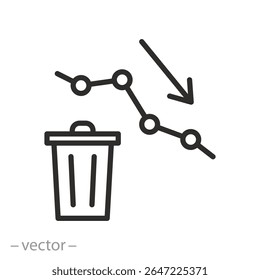 estatísticas reduzir para descartado descartado lixo, diminuir ícone de desperdício, reduzindo descartado lixo, gráfico reduzir ícone de desperdício, reduzir o símbolo de linha fina no fundo branco - ilustração vetorial de traçado editável eps10