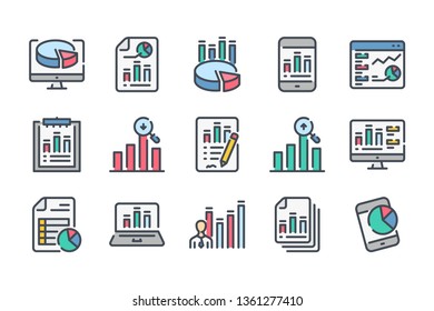 Statistics related color line icon set. Data report linear icons. Presentation stats and infographic diagram colorful outline vector sign collection.