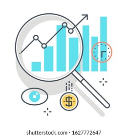 Statistics related color line vector icon, illustration. The icon is about bars chart, magnifier, growth, vision, economics, finance. The composition is infinitely scalable.