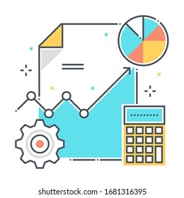 Statistisches Vektorillustration-Symbol für die Farblinie, Abbildung. Das Icon dreht sich um Analytik, Papier, Taschenrechner, Kuchendiagramm, Graphen. Die Komposition ist unendlich skalierbar.
